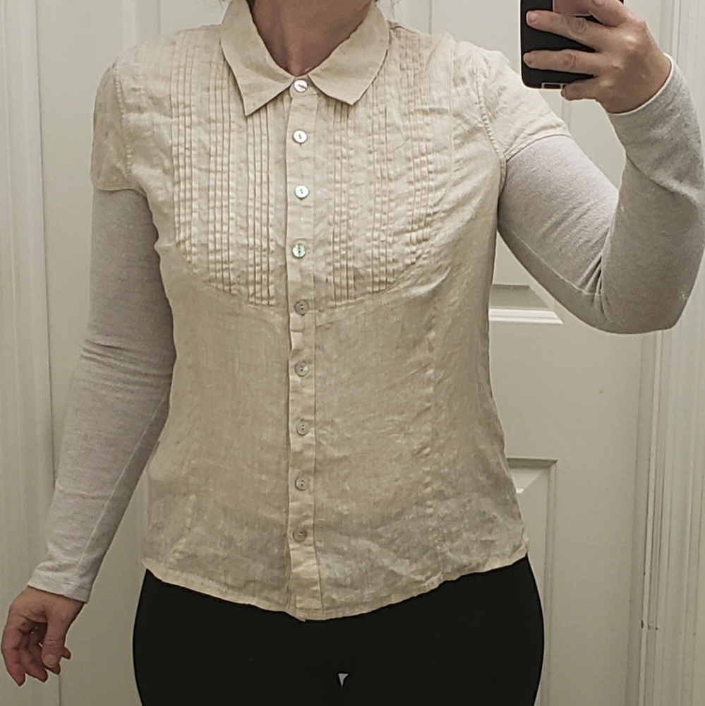 Linen Gallery 100% Linen Button Down Cream Ivory Beige Woman's M